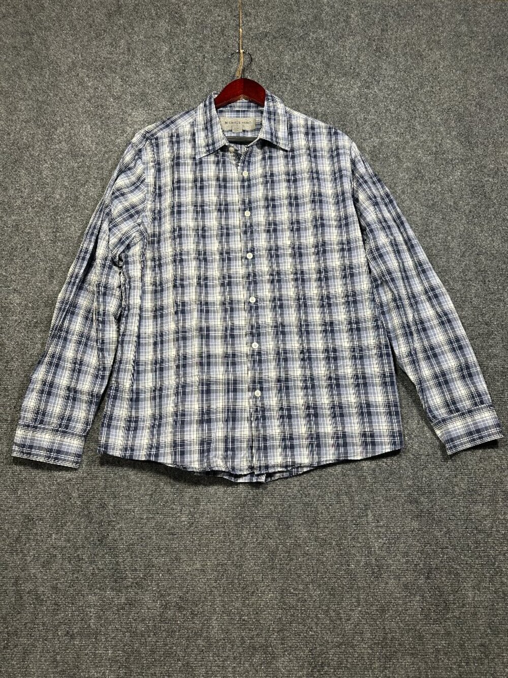 Michael Kors Shirt Mens XL Blue Plaid Cotton Button Up Long Sleeve